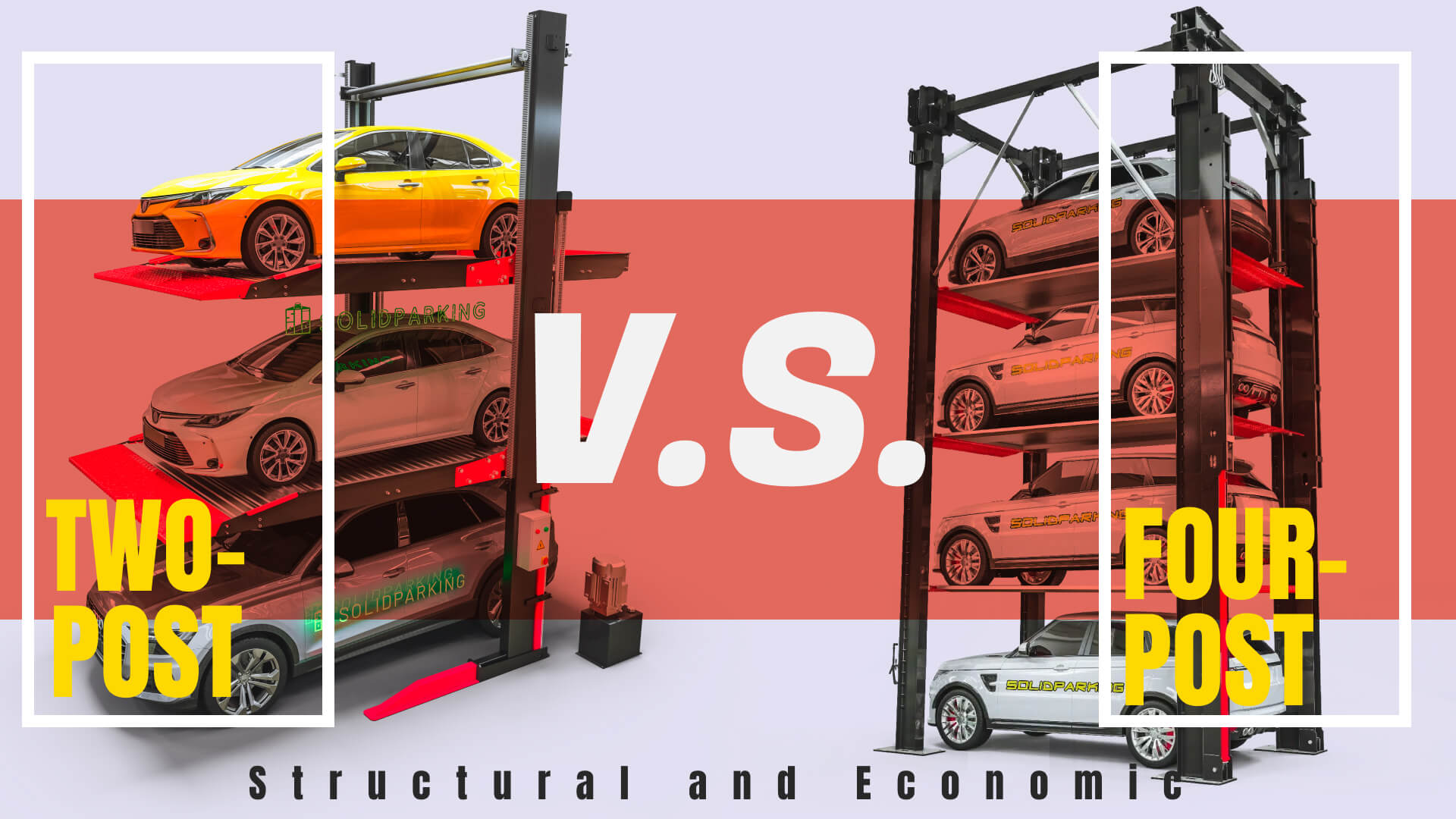 Dual-post parking lift installed in a residential garage, offering front-clear access for a vehicle.